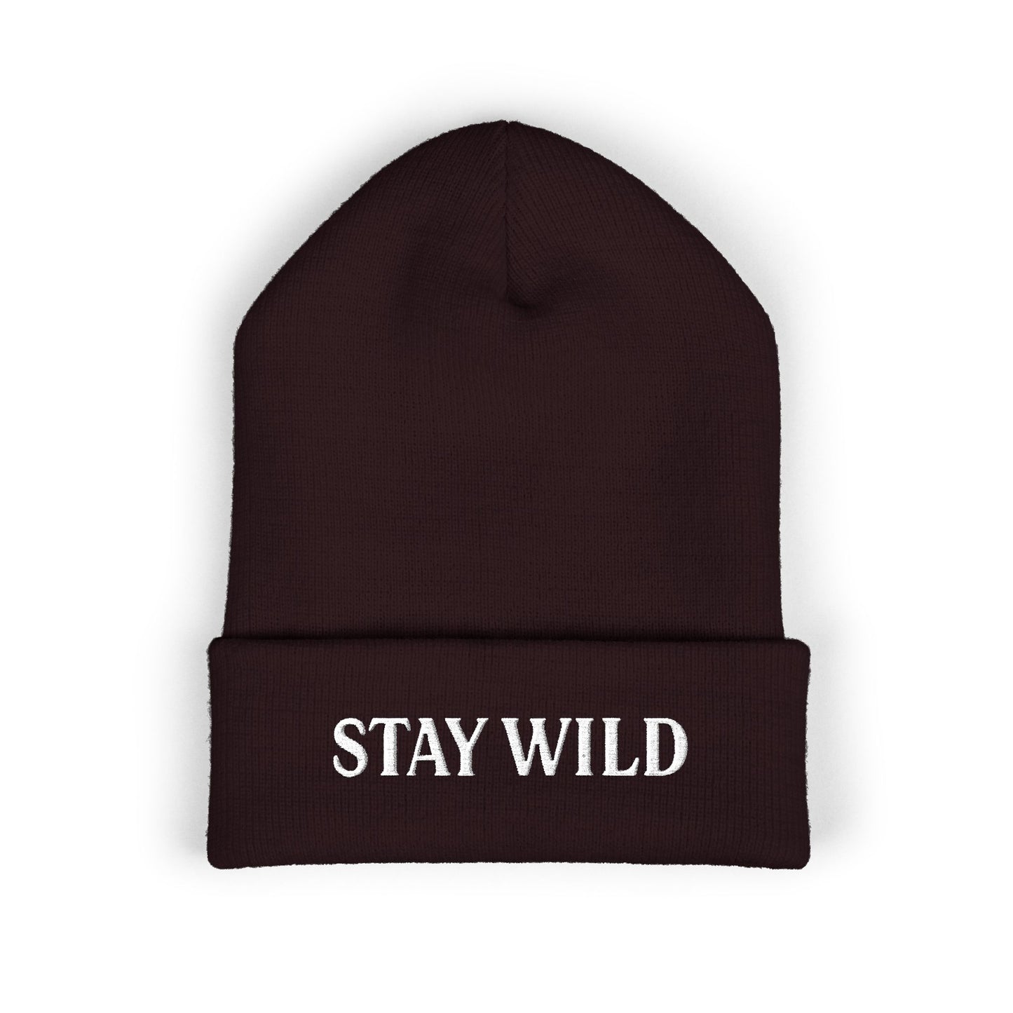 Brown beanie with 'STAY WILD' text on a white background