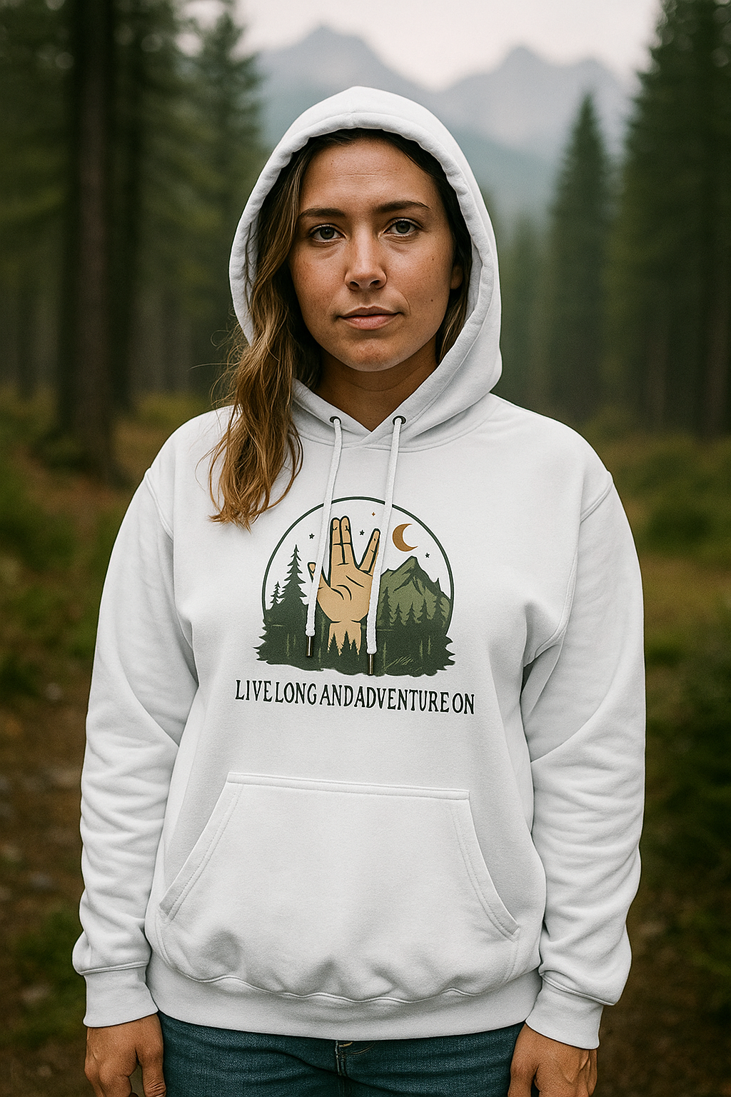 Person wearing a white hoodie with nature-themed design and text in a forest setting