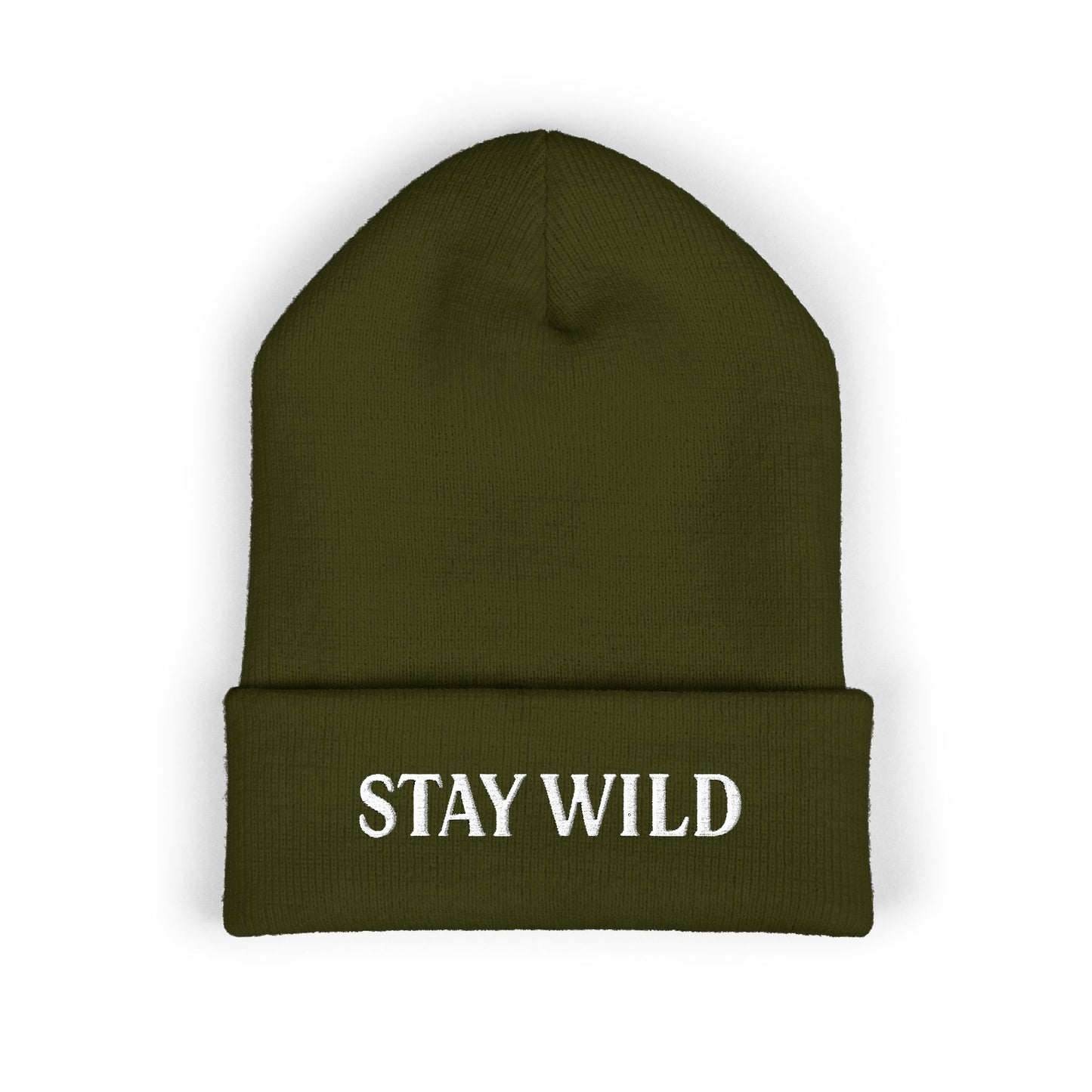 Green beanie with 'STAY WILD' text on a white background