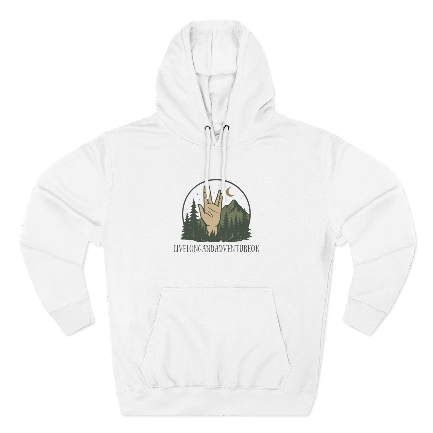 White hoodie with nature-themed graphic and text on a white background