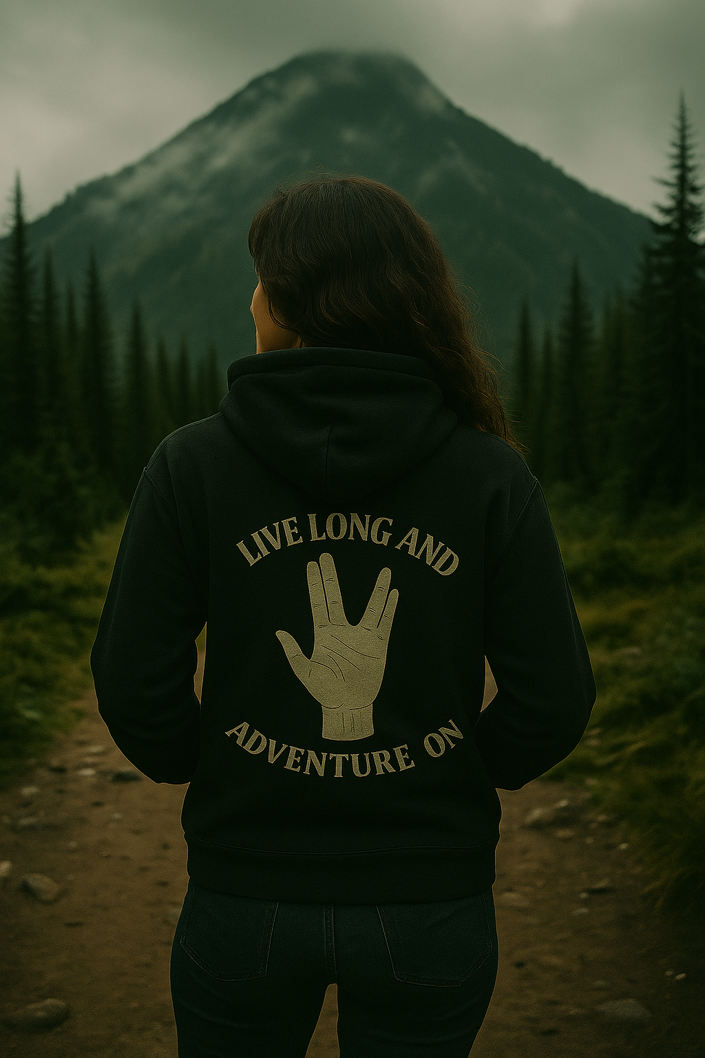 Person wearing a hoodie with 'Live Long and Adventure On' text and hand symbol in a forest setting.