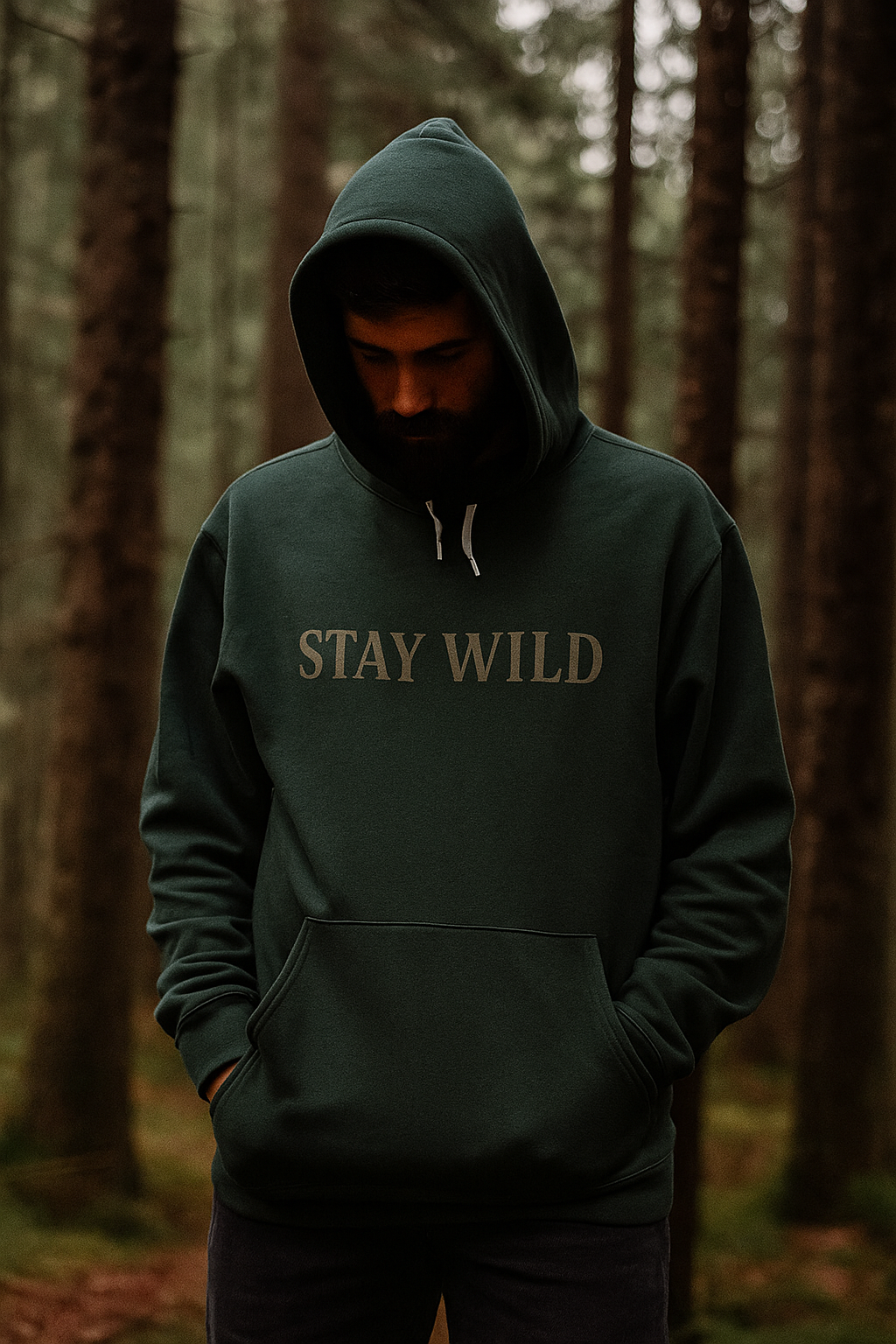 Person wearing a hoodie with 'STAY WILD' text in a forest setting