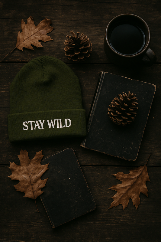 Green beanie with 'STAY WILD' text on a dark wooden surface with leaves and a mug.