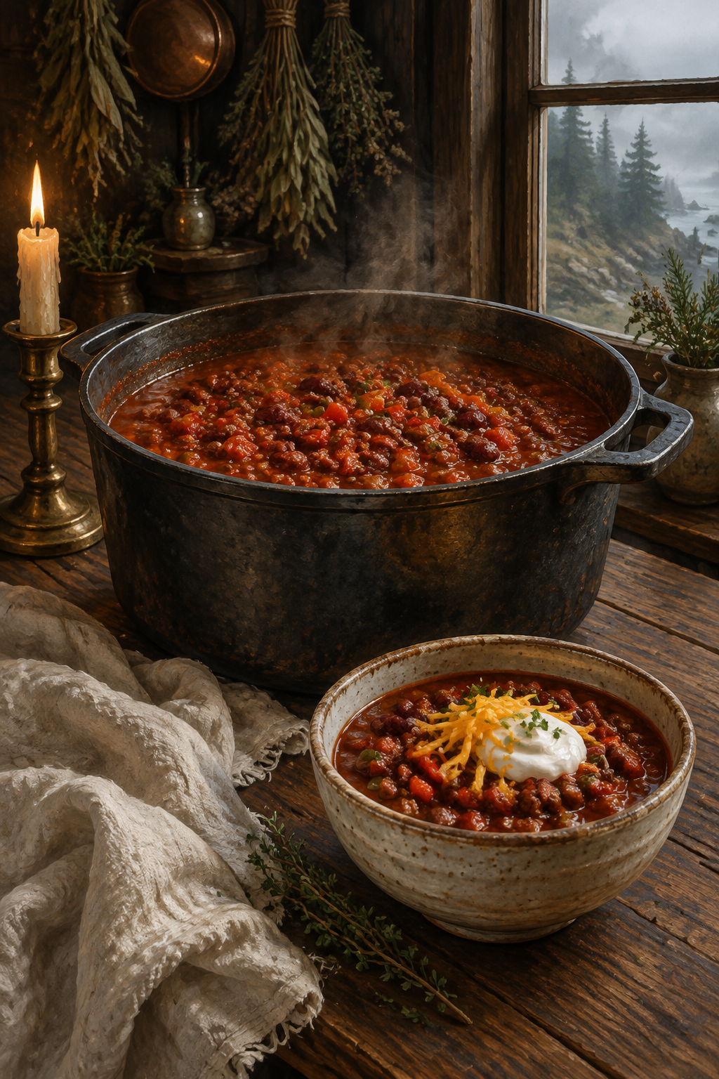 Illustration of a rustic pot of beef and bean chili with a bowl topped with cheese and sour cream in a candlelit woodland kitchen.