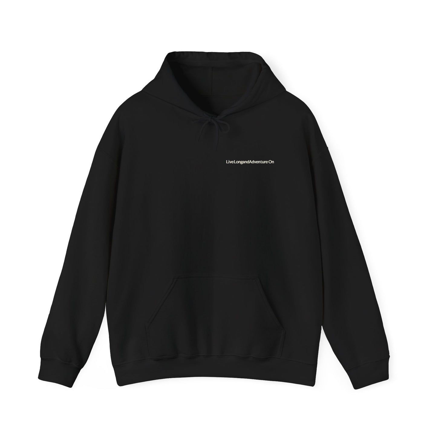 Black hoodie with text on the chest against a white background