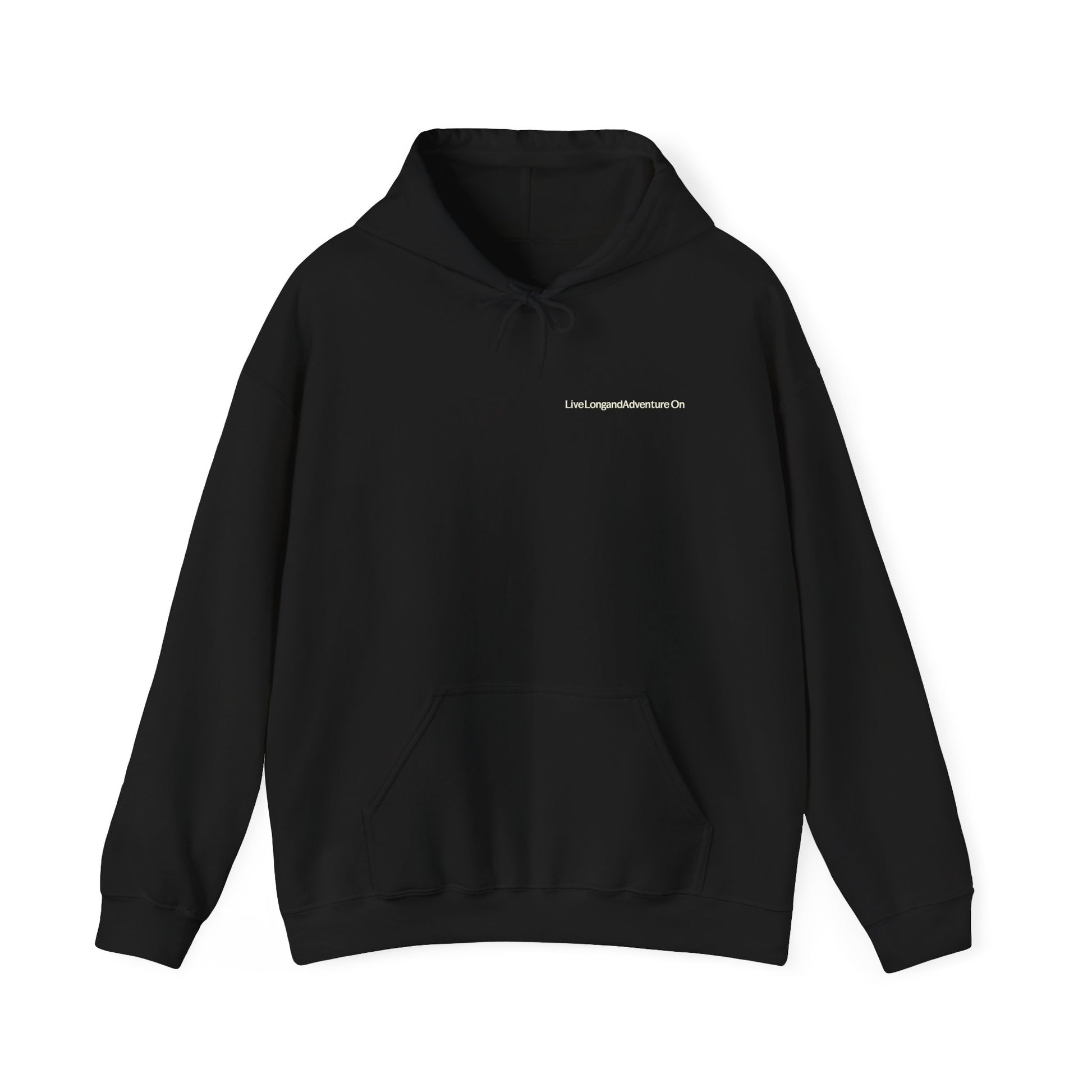 Black hoodie with text on the chest against a white background