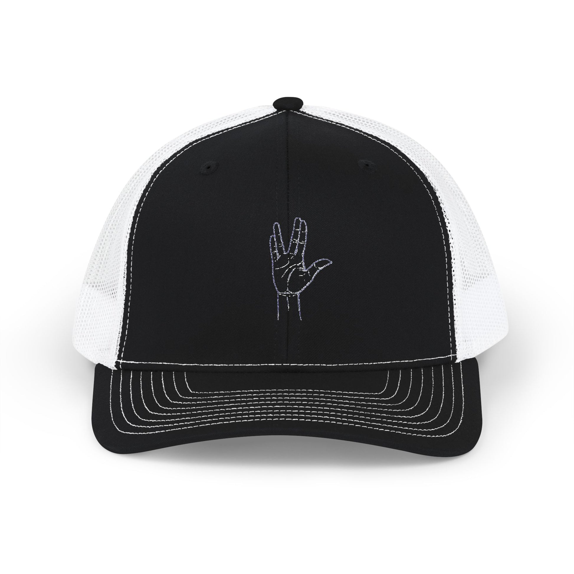 Black and white cap with a hand symbol on a white background