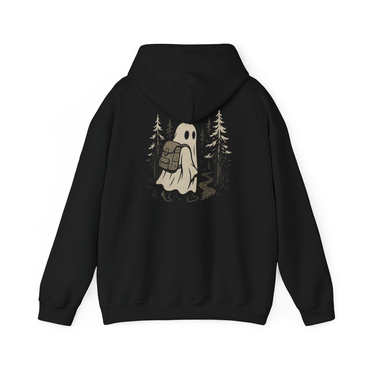 Black hoodie with a ghost carrying a backpack and trees graphic on the back, on a white background.