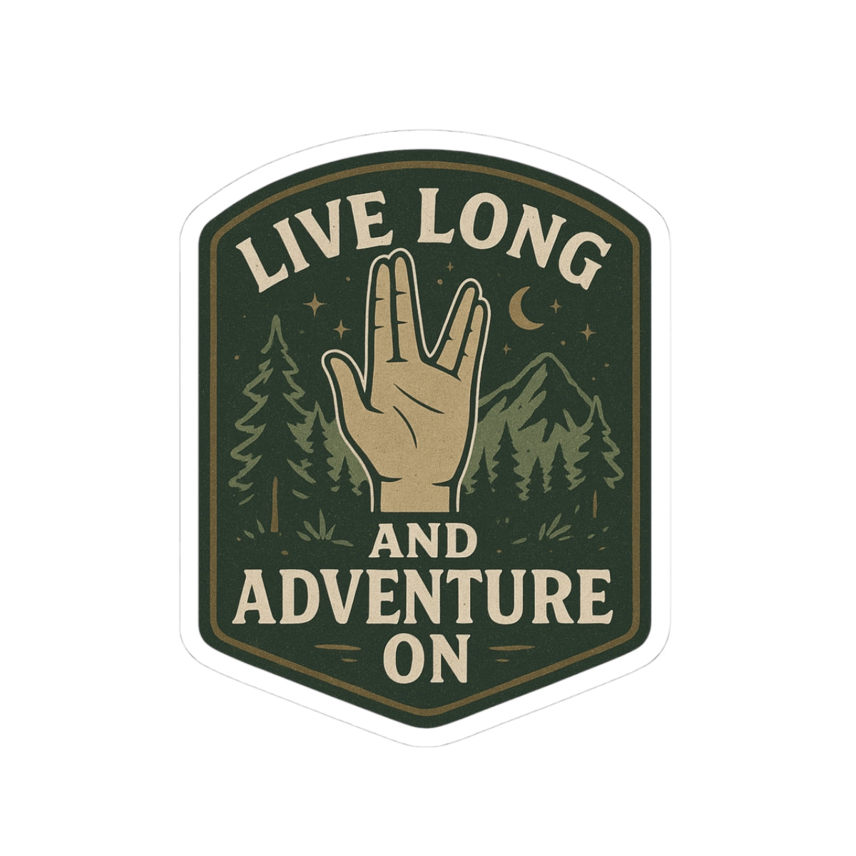 Sticker with hand gesture, mountains, trees, and 'Live Long and Adventure On' text on a green background.