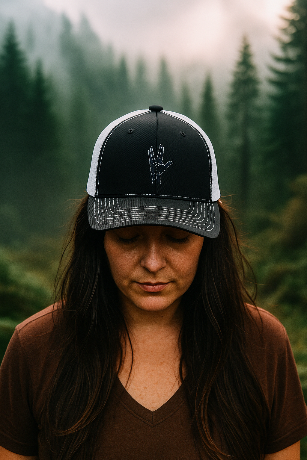 Person wearing a black and white cap with a forest in the background