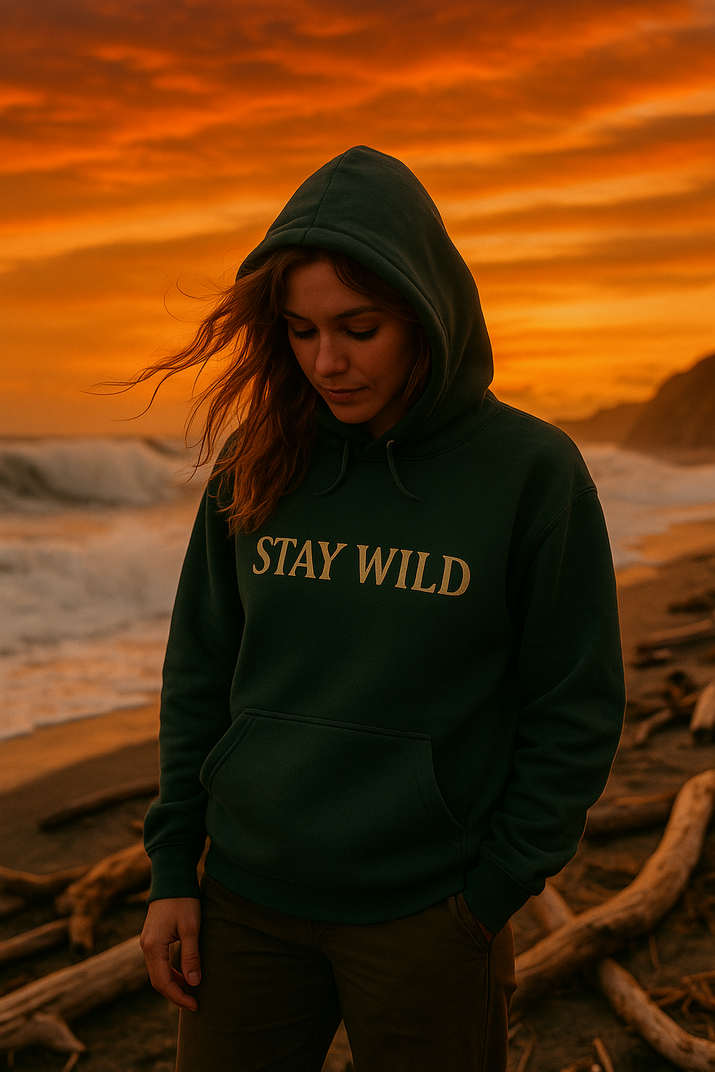 Person wearing a hoodie with 'STAY WILD' text on a beach at sunset.
