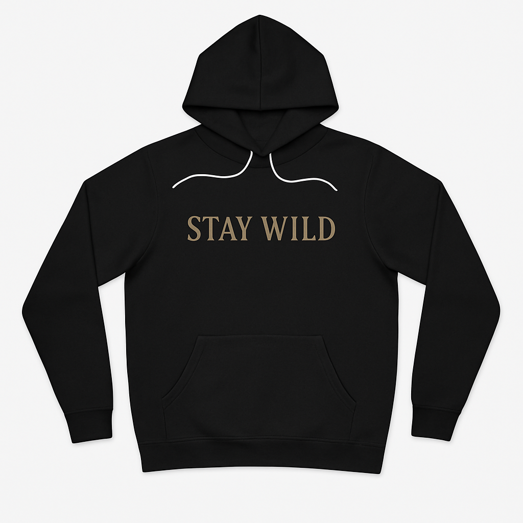 Black hoodie with 'STAY WILD' text on a white background