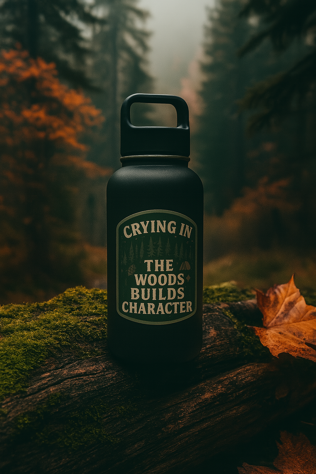 Black water bottle with a quote on it, placed on a log in a forest setting.