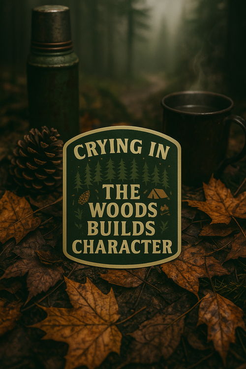 Sign with 'Crying in the Woods Builds Character' text on a forest floor with a thermos and mug.