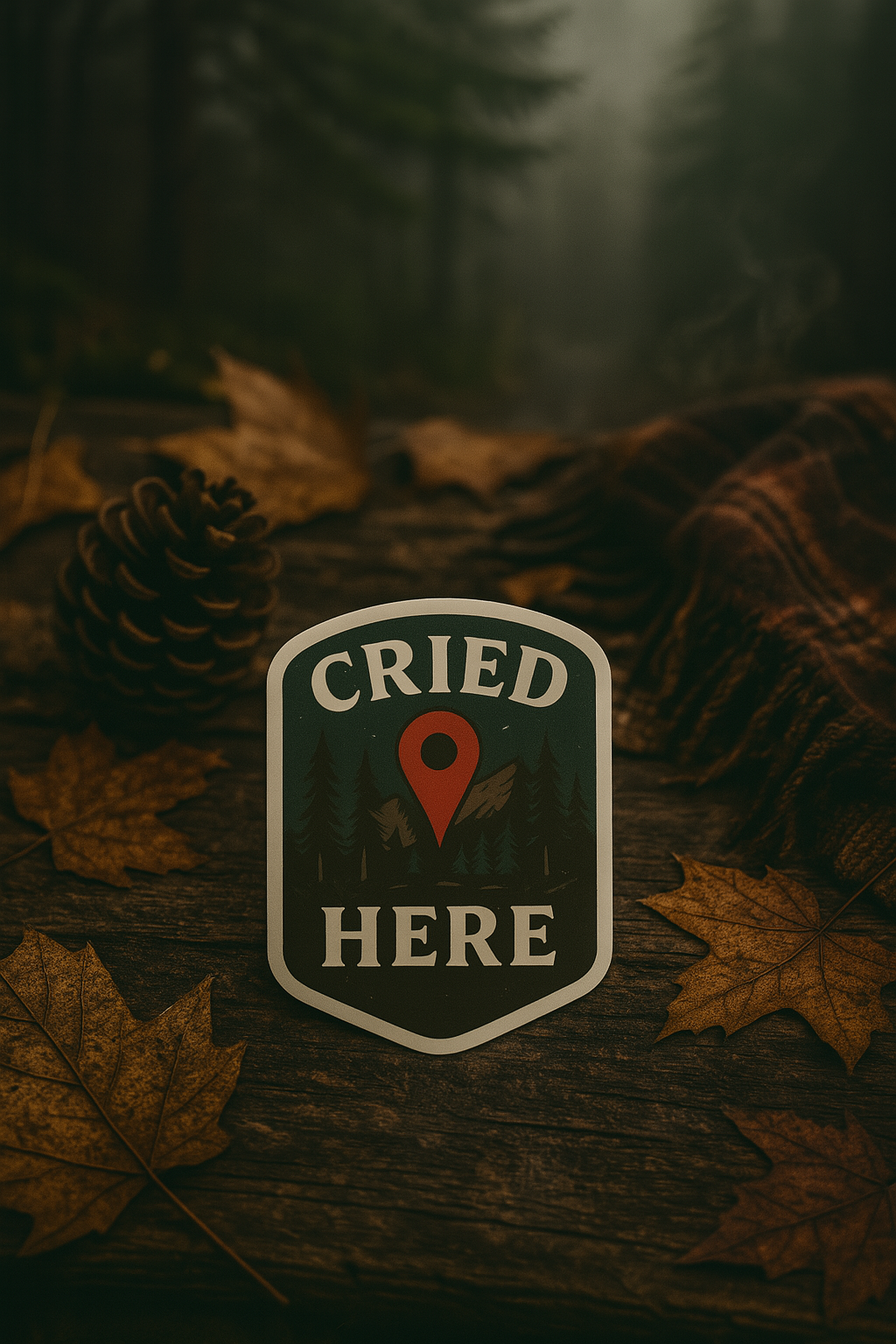 Patch with 'CRIED HERE' text on a dark background with leaves and pine cones.