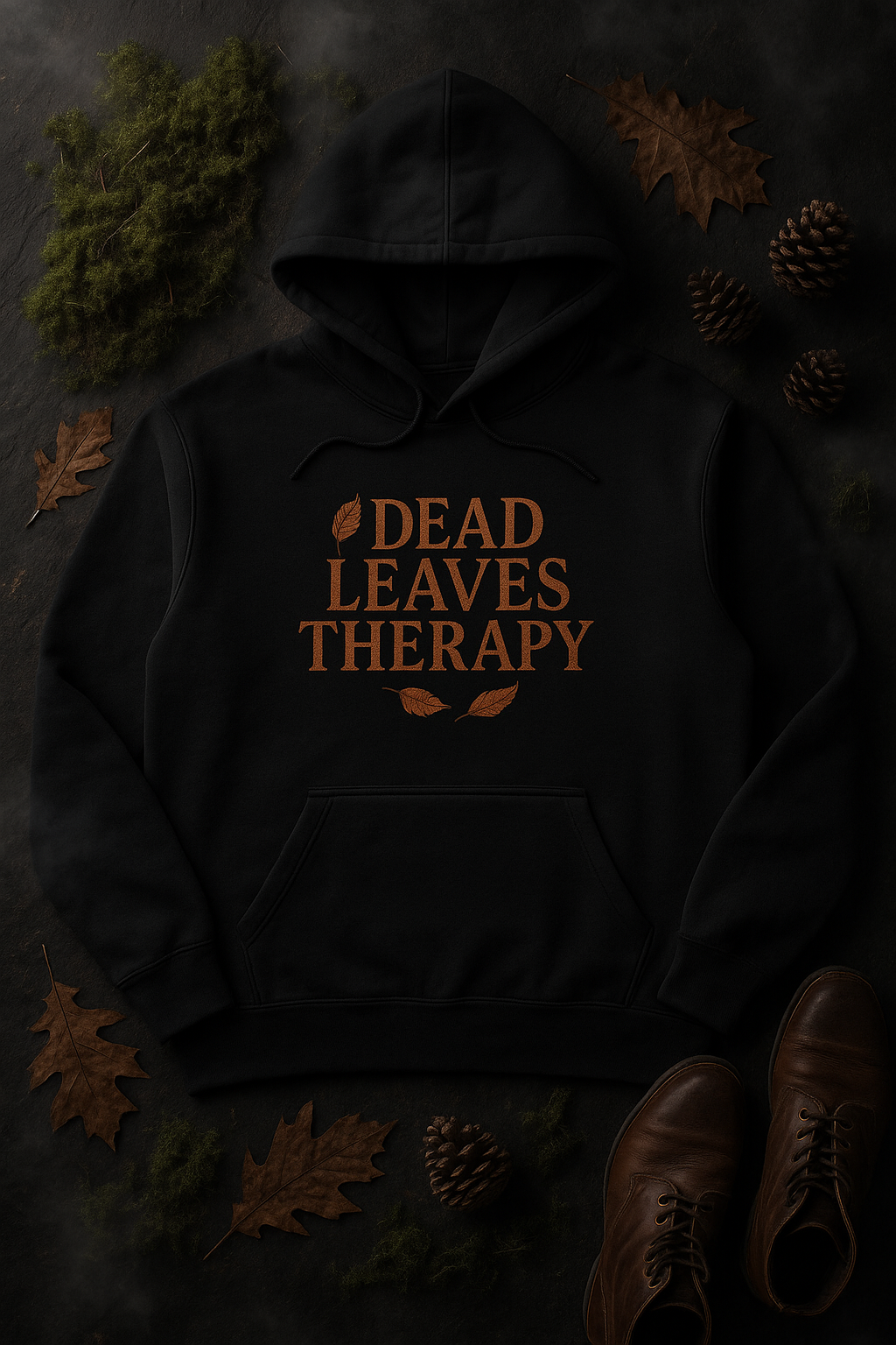 Black hoodie with 'DEAD LEAVES THERAPY' text on a dark background with leaves and pinecones.