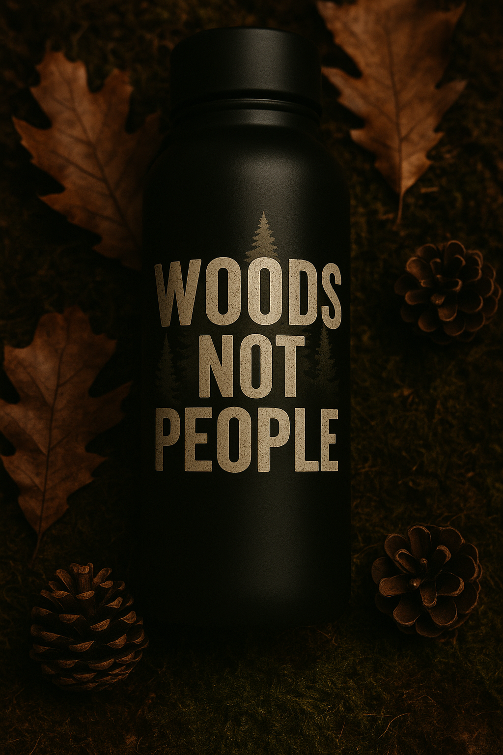Black tumbler with 'WOODS NOT PEOPLE' text on a background of autumn leaves and pinecones.
