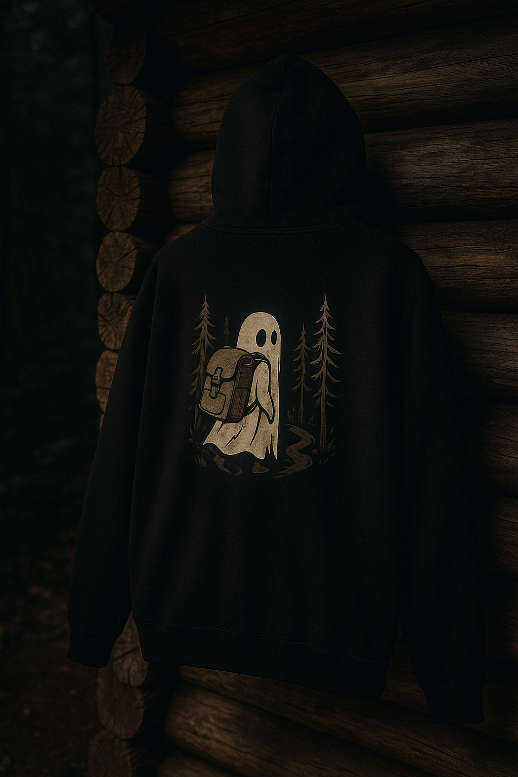 Black hoodie with ghost and backpack design against a wooden background