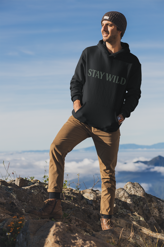 Person wearing a black hoodie with 'Stay Wild' text on a mountain top